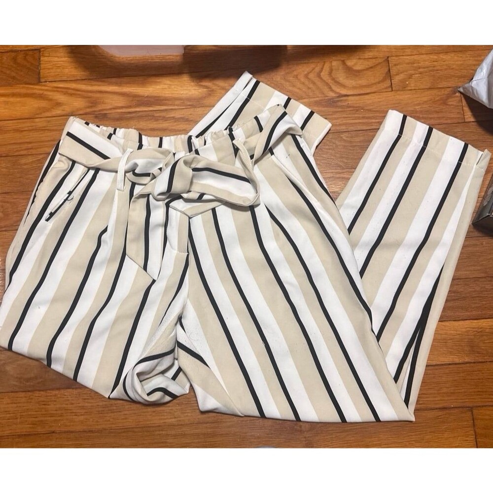 Cream and Black Striped Paperbag Waist Pants